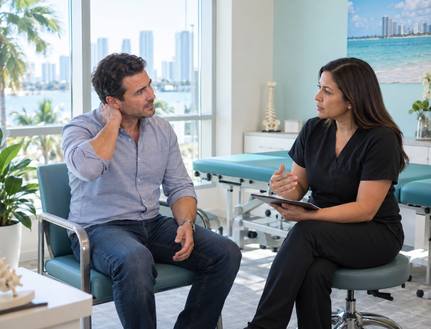 Illustrative photo of an adult touching the back of his neck while speaking with a clinician holding a clipboard