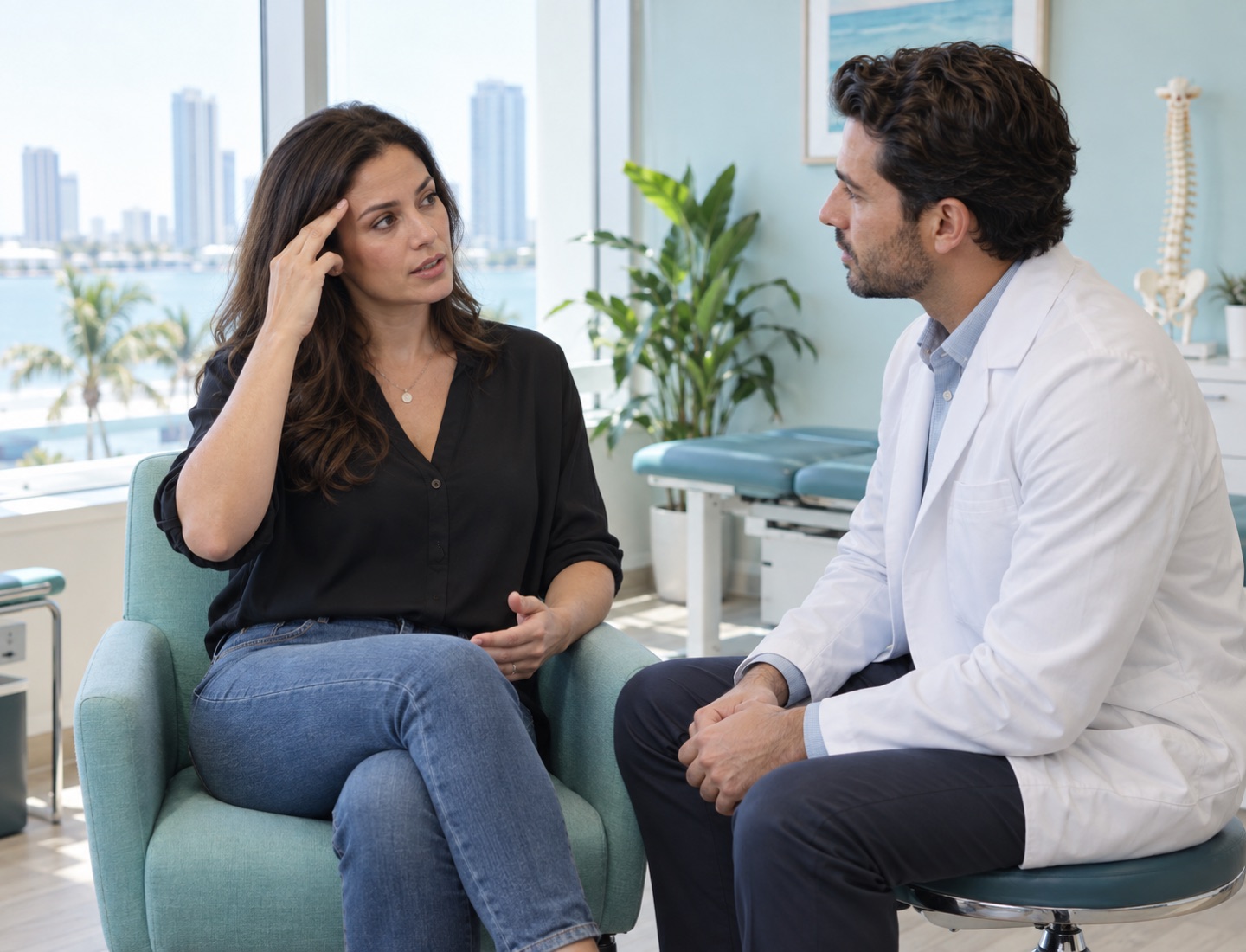 Illustrative photo of a seated adult pointing to her temple while discussing symptoms with a clinician