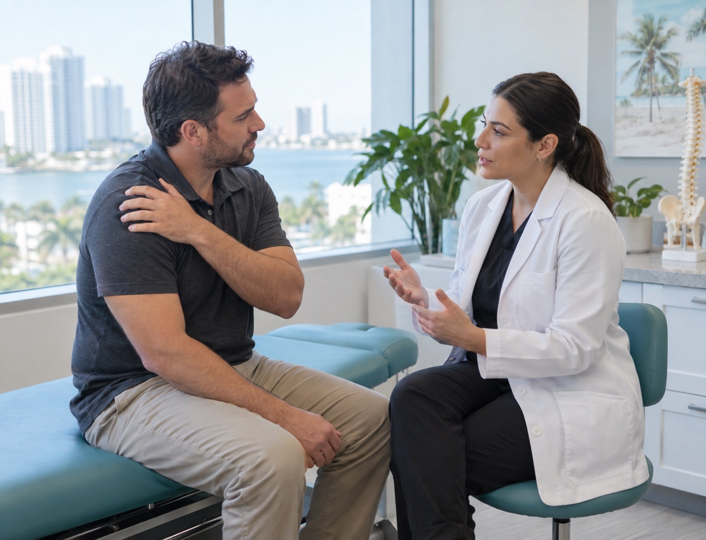 Illustrative photo of a seated adult indicating shoulder discomfort during a consultation